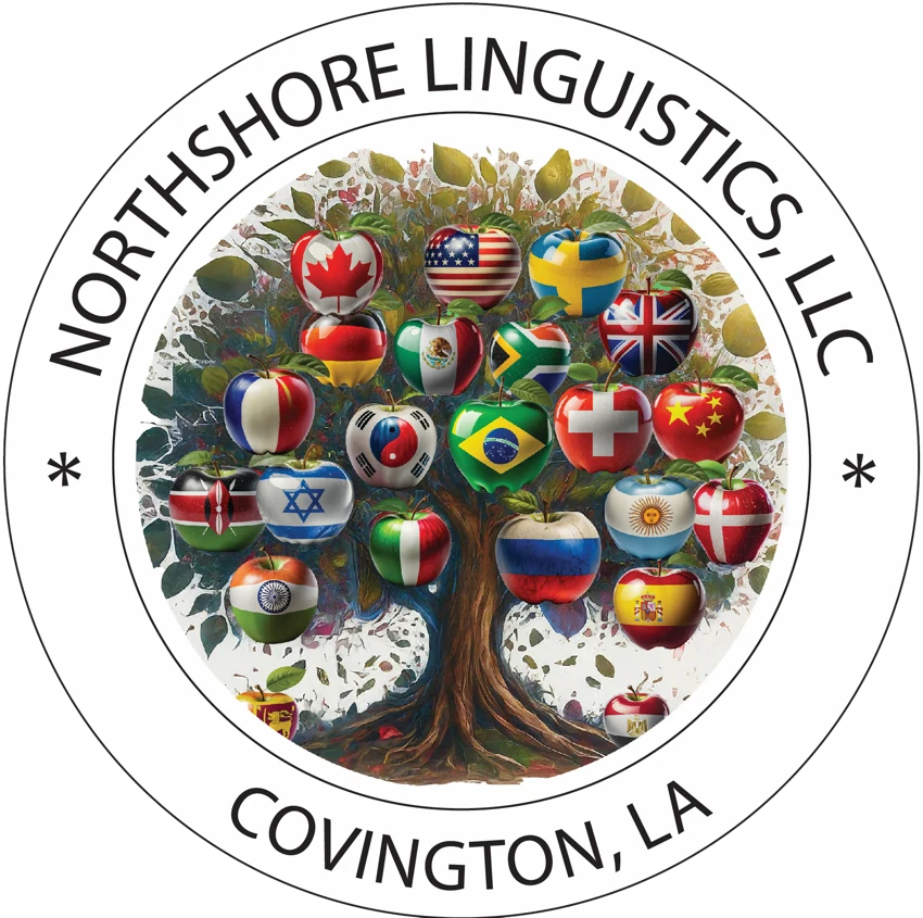 Official Northshore Linguistics, LLC logo showing a tree with international flag apples